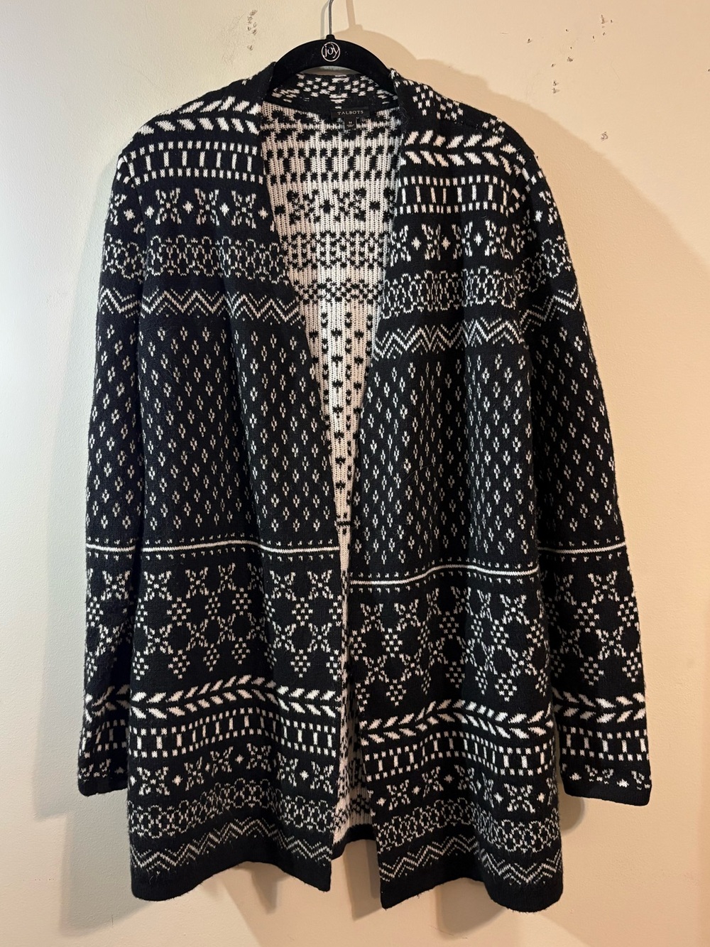 Talbots Open Front cardigan Fair Isle women’s medium black ivory geometric print
